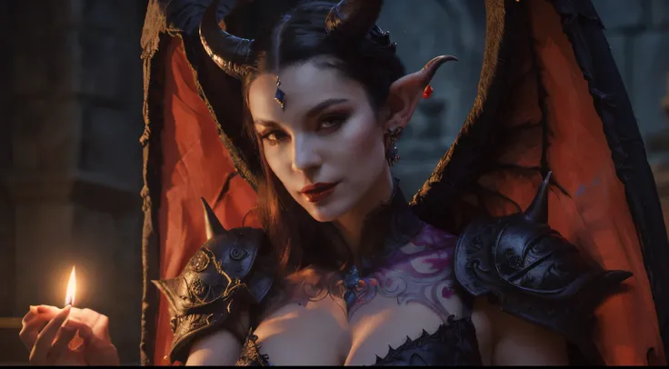 there is a woman dressed as a devil holding a candle, together | medieval, beautiful together, Diablo 4 Lilith, together in sundress portrait, Fantasia com detalhe 4K, personagem de fantasia hiperdetalhado, together, digite germe ; Motor irreal 3D, beautif...