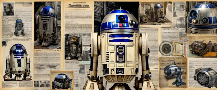 a mixed media scrapbook page, r2-d2,sci-fi,infographic,robotic mechanics,newspaper clippings,vintage photos,sketches,postcards,collage,detailed textures,intricate details,high quality,photorealistic,professional,studio lighting,8k,extremely detailed,master...