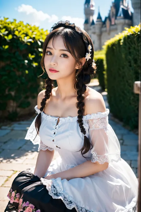 (((Gothic Lolita Fashion:1.3)),(((lace off shoulder dress))),(((Costume with intricate lace details))),(Emphasis on large breasts:1.3),(europe castle background:1.3),Cinderellas Castle,(Flower bed with colorful flowers in the garden),(crouching down:1.3),C...