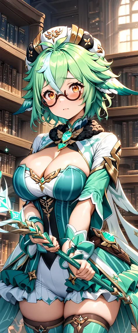 (masterpiece), best quality, expressive eyes, perfect face,1girl,sucrose,genshin impact,glasses,semi-rimmed,big breasts,(emerald magical girl costume:1.3),(wing hair ornament:1.2),cleavage,(fluffy ruffled skirt:1.2),thighhigh boots,[[winged magic wand]],bl...