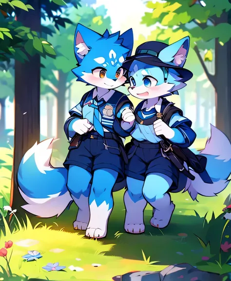 Two people wearing blue fur, Canine, fox motif, Couple of girls and boys, uniform、Hand in hand，