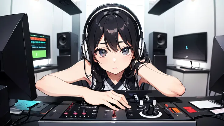 1 girl,Clean hands、Put on your headphones,(Black Hair Girl),,,DJ,DJ Booth、Riding the music、