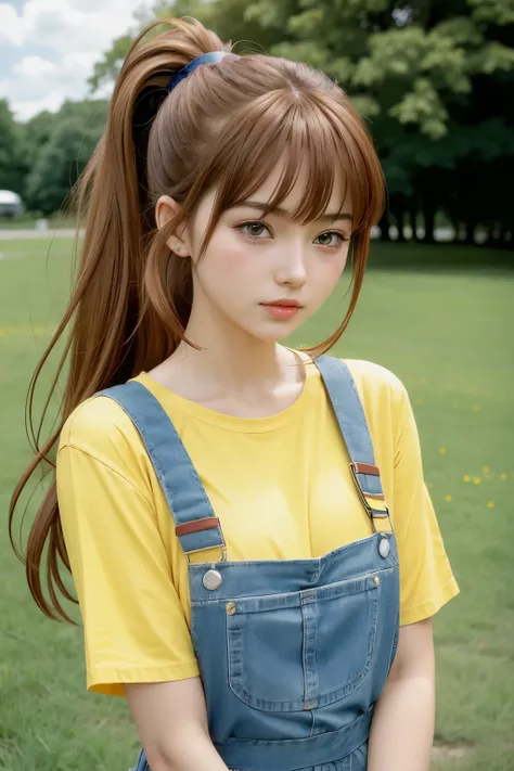  A young beautiful woman, anime girl 2d,  19 years, face like  asuka langley soryu,  ponytail brown hair, blue eyes,   crying  a park, wearing a yellow  shirt and denin overall, surrounded by grass and flowers, the classic 90s anime art style