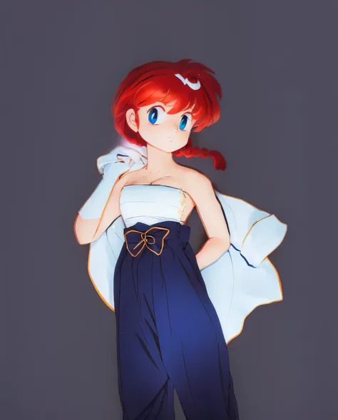 anime redhead with braid, wearing a blue jacket and white blouse, 15 anos, corpo bonito, red hair with braid, garota sensual, re...