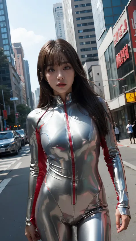 ultraman、realistic、realistic、cinematic lighting, girl in a shiny red and silver suit、15 years old、professional photos、don&#39;do...