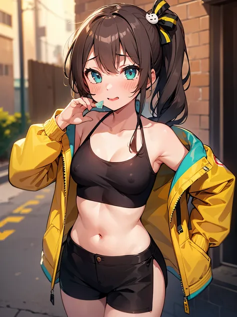 NSFW,(One girl:1.5),natsuiro matsuri,One Side Ponytail,Crop top,Jacket,Shorts,(Perfect hands),(Perfect Anatomy),(masterpiece),(highest quality),Sexually aroused face,blush,Nightlife,Narrow back alley,(aid communication:1.5),(condom:1.0)