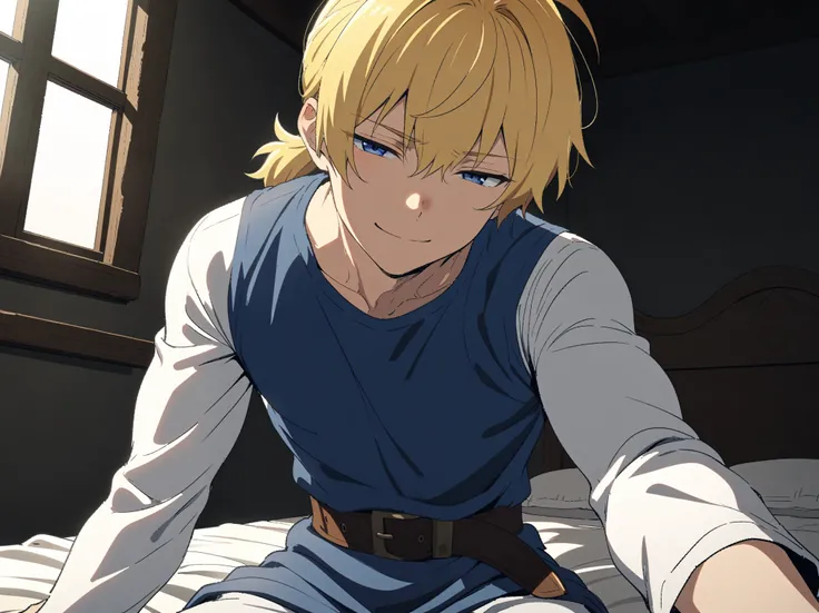 {{cowboy shot, dutch angle, male focus}} {{Artist: Sincos}} muscular male, solo, tall, lean, handsome, blonde hair, short hair, high ponytail, short ponytail, straight hair, bangs, blue eyes, half-closed eyes, sweet smile, looking at viewer, pov, on lap, i...