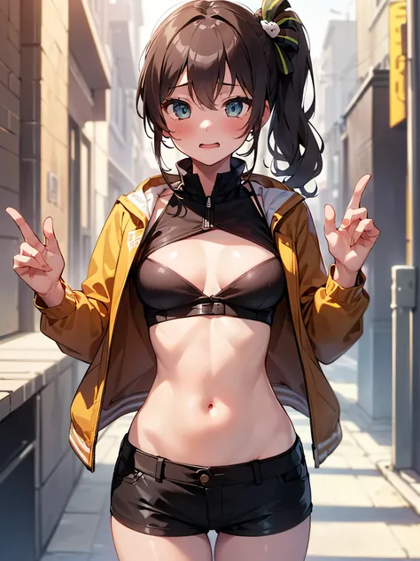 NSFW,(One girl:1.5),natsuiro matsuri,One Side Ponytail,Crop top,Jacket,Shorts,(Perfect hands),(Perfect Anatomy),(masterpiece),(highest quality),Sexually aroused face,blush,Nightlife,Narrow back alley,(One man:1.7),(aid communication:1.5)