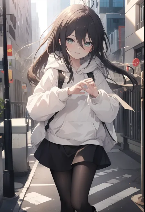 Shana,灼眼のShana,Ahoge,Long Hair,Black, Iris, Small breasts,happy smile, smile, Close your mouth,blush,Oversized hoodie,Black long skirt,Black pantyhose,short boots,walking,morning,morning陽,The sun is rising,whole bodyがイラストに入るように,
break looking at viewer, wh...