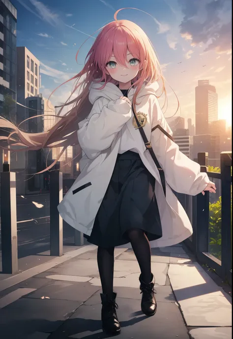 Shana,灼眼のShana,Ahoge,Long Hair,Black, Iris, Small breasts,happy smile, smile, Close your mouth,blush,Oversized hoodie,Black long skirt,Black pantyhose,short boots,walking,morning,morning陽,The sun is rising,whole bodyがイラストに入るように,
break looking at viewer, wh...