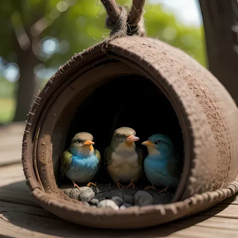 Little brown bird happy in the tree with his family in a little clay house with 3 birds inside 