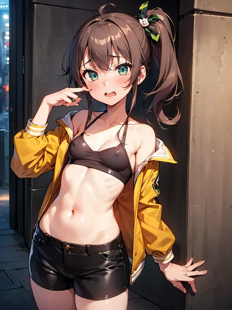 NSFW,(One girl:1.5),natsuiro matsuri,One Side Ponytail,Crop top,Jacket,Shorts,(Perfect hands),(Perfect Anatomy),(masterpiece),(highest quality),Sexually aroused face,blush,Nightlife,Narrow back alley,(One man:1.7),(Fingering:1.5)