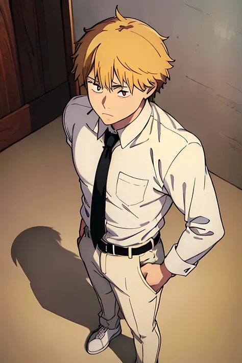 denji, neutral look, closed mouth, from above, looking at left, hands at the sides, standing, white sneakers, black necktie, white shirt, collared shirt, sleeves rolled up, black pants, belt, short hair, blonde hair, masterpiece, best quality