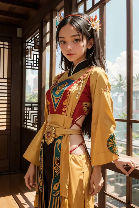 An Indonesian-styled futuristic suit worn by a girl depicting cultural fusion and modern fashion. The suit is adorned with intricate patterns and vibrant colors, showcasing the rich heritage of Indonesia. The girl stands confidently in a dynamic pose, with...