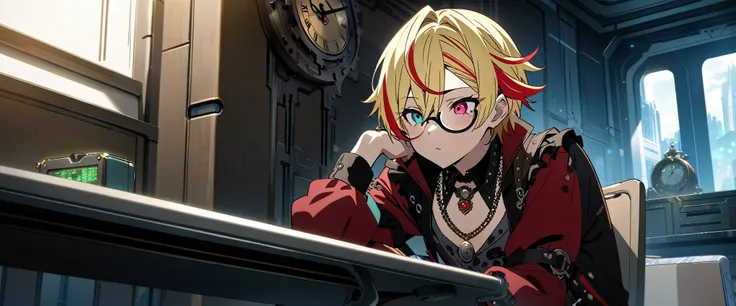 (((masterpiece,highest quality))),((Androgynous anime male with short red and blonde hair in a steampunk outfit)),((One Man)),(((streaked hair))),((Visual kei outfits)),(sitting on a chair looking at a tablet at a desk),((Wears stylish, thick-framed glasse...