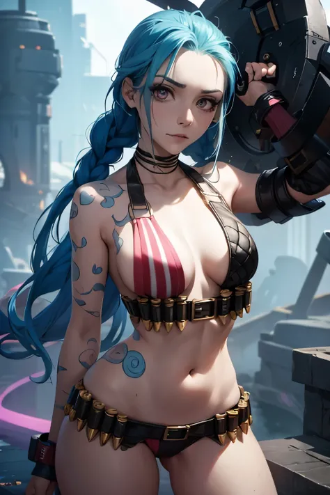 jinx, cuerpo completo, bikini sin top ,blue hair braided , fondo multicolor, pose sexy, disgusted face decepcionado , ojos definidos, cuerpo definido, 8k extremadamente detallado