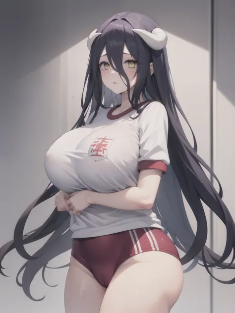 , 1girl, solo, albedo (overlord), 
huge breasts,,  white_horns, slit pupils, 
demon horns, 
buruma, gym uniform, sweat, short sleeves,