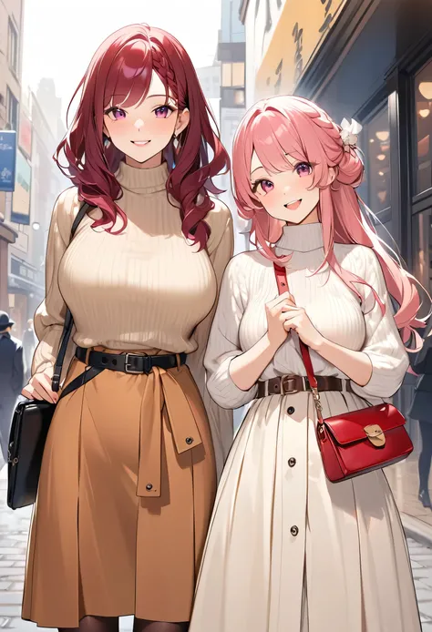 highest quality、High resolution、Detailed Background、Beautiful face in every detail、Anatomically correct、Detailed eyes、Beautiful women in their 30s、Huge breasts、Cute hair colour、Braided long hair、Wavy Hairstyle、well-groomed eyebrows、Business district、Do cut...