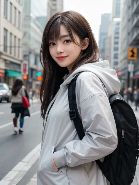 8k,One girl,  Food, alone, Hoodies、Brown long hair、See-through bangs、bag, Blurred, coat, gray_eye, Blurred_background, Backpack, zipper, Urban Tech Wear,Toothy smile、View your viewers