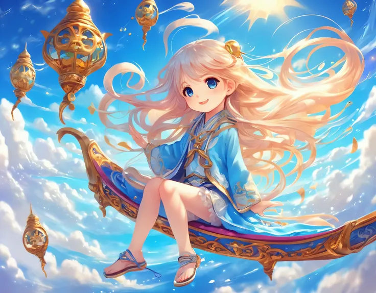 Light blue long hair、Twin-tailed Chibi Character、Bright smile、Magical Land、Fantasy World、Sitting on a magic carpet and flying through the sky、Blue sky and white clouds、You can see the cityscape、Masterpiece