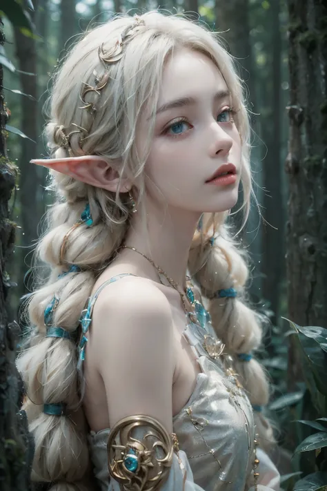 portrait of a Swedish girl, pretty face, elf, pointy ears, blonde hair, 18 years old, fantasy, forest, looking at the sky, diffuse soft lighting, shallow depth of field, focus crisp, cinematic lighting