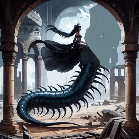 centipede girl. her image color black. black body and blue leg centipede. arabian dancer fashion. close-up girl. ruins.