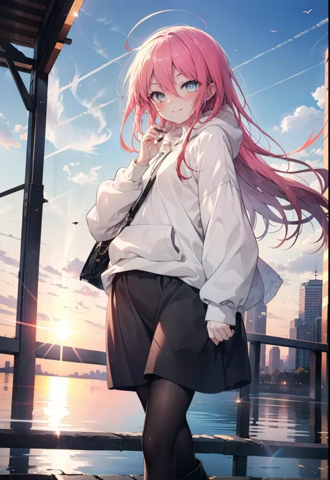 Shana,灼眼のShana,Ahoge,Long Hair,Black, Iris, Small breasts,happy smile, smile, Close your mouth,blush,Oversized hoodie,Black long skirt,Black pantyhose,short boots,walking,morning,morning陽,The sun is rising,whole bodyがイラストに入るように,
break looking at viewer, wh...