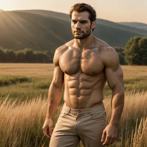 Ultra-high image quality, realistic and strong male features, a man inspired by Henry Cavill as Wolverine, Muscular man, detailed vein muscles, shirtless ripped man standing in a field of tall grass, mid shot of a handsome guy, shirtless , thin man with li...