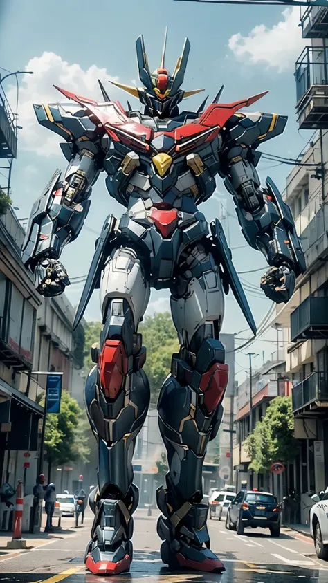 Humanoid Mecha, fully enclosed shoulder guards, matching arm and leg guards, full body, full armor, the design balances heavy with agility, (the color scheme is primarily white with red and blue accents, the concept Inspired by Mazinger Z, organic biotech ...