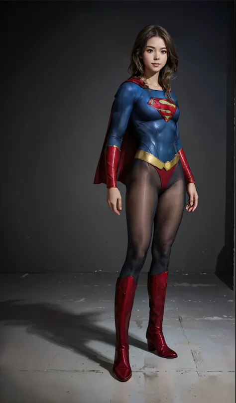 No background、(((Beautiful legs in black tights.)))、(((Legally express the beauty of your smile)))、((((Make the most of your original images)))、(((Supergirl Costume)))、(((Beautiful boyish hairstyle)))、(((suffering)))、(((Please wear black tights....、Be sure...