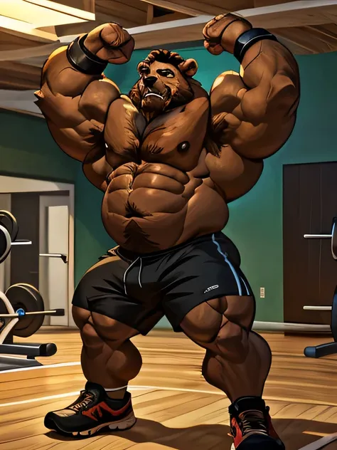 chubby Grizzly Bear adventure in the gym, brown fur, thick arm, huge arm, bearded. brown hair and brown beard, bearded, muscular, pectoral, wide pectoral, realistic, 8k, masterpiece, (wearing black shorts, wristbands and shirtless:1.3, topless, shoes) stre...