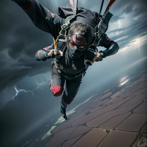 raw photo , 8K, ultra detailed, (realistic:1.2), (1man, ninja, mask:1.6), (sky diving:1.4), (kneeing:1.3),(desert, storm :1.5), 