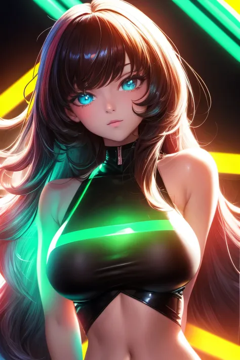 masterpiece, top quality, high resolution, neon-infused, beautiful woman, headshot, front view:1.2,long wavy hair, glossy, bangs, side sweep, seductive eyes, almond-shaped, bright, reflecting neon lights, slim waist