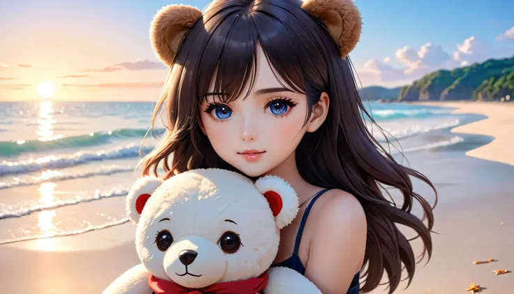 There is a woman holding a teddy bear on the beach, Cute realistic portrait, Cute Anime Girl, Cute girl anime visuals, Smooth anime CG art, Gweiz-style artwork, portrait of Cute Anime Girl, cute portrait, Beautiful anime portraits, Beautiful Anime Girls, C...