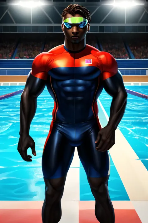 "Generate a realistic scene featuring an intense stare-down between a black track and field athlete and a white swimmer. The track athlete is muscular and poised in a sprinters starting stance, wearing a sleek racing outfit with track spikes. His expressio...