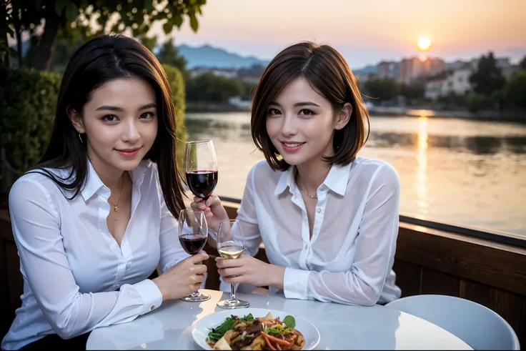 ((highest quality、8k、masterpiece:1.3))、1 male、1 female、Spouse、I really like it、Beautiful couple、The body is slim、テーブルの上のwine glass、Facial Lighting、full-course dinner、 Amazing view of the sunset sky and clouds、A bright smile、The wonderfulness of smile、Brigh...