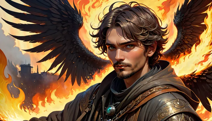 Handsome close up portrait (sks man),Post-apocalyptic Winged Pyromancer, complicated, elegant, Very detailed, Digital Painting, Art Station, Concept art, Smooth, Sharp focus, figure, art：Krentz Kuschert、Artem Demla、Alphonse Mucha, ((Fire in the hands))