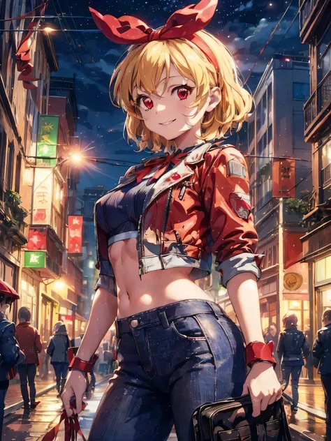 (RED Ribbon on HAIRband:1.2),Cammy SF Style, pants, pants, Jacket, often play sports, short hair, standing,red eyes, highest quality, masterpiece, High resolution,view audience,smile ,Street at night,hosimiya ichigo,