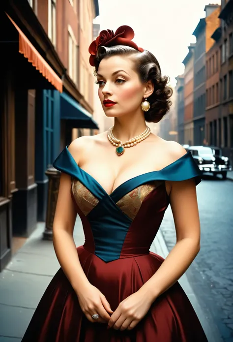 (((Iconic photography but extremely beautiful))) (((masterpiece, rich emotional, hyperrealistic,extreme detailed))) (((40s age style retro theme))) (((Chiaroscuro colors background))) (((Lady show off at street in vintage dress))) (((gorgeous, voluptuous, ...