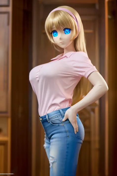 ultra high definition, highres, very detailed, animatronic housewife, blond hair, blue eyes, pink shirt, pink hairband, jeans, glowing eyes, standing erect, nsfw