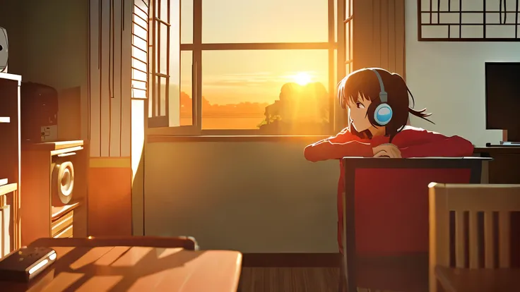 anime、Listening to music through headphones、girl、Sunset through the window、Kage、dim、room with table、The girl is sitting with her elbows on the table。