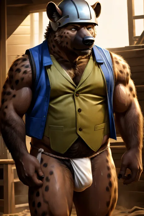  male hyena, full body, fat body, (full nude, only worker vest, only fundoshi, only helmet,) sweating, realistic, hairy, 