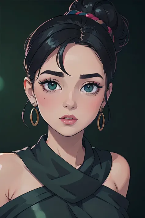  Amazing portrait of a sexy woman with a beautiful face emphasized by amazing makeup and beautifully detailed eyes with perfect lips wearing her black hair in a messy bun blushing intensely as shes flustered and lustful wearing some elegant earrings and a ...