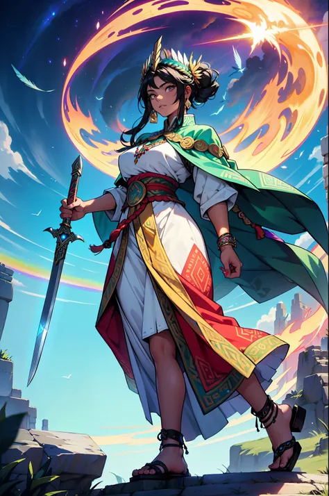 Create a full-body fantasy illustration of Isabella Morales, the Relic Hunter wielding The Mantle of Quetzalcoatl. She stands slender yet athletic, wearing traditional Mexican clothing including a huipil with Aztec patterns and a long skirt in vibrant colo...