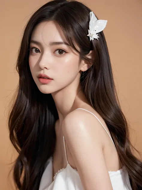 Kim Jennie with white brown hair, con rulos en las puntas, with two bows on each side of the hair, all her hair white brown, with a star clip in her white brown hair, ojos de color claro, ojos bonitos, ojos llorosos, nariz bonita y respingada, nariz lloros...