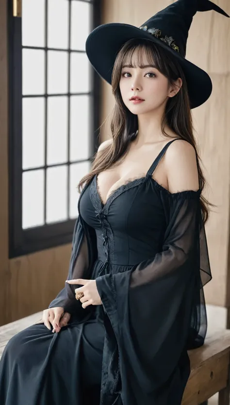 (((Very realistic)))、(((witch)))、Delicate and precise expression、(((35 歳のイギリスの美人witch)))、Fluffy blonde、(美人witch)、(((Very big)))、(((Big cleavage)))、(((とても深い森の奥に住む美人witch....)))、とてもセクシーな美人中年witch、