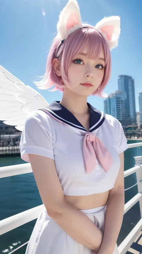 Ski Style, One girl, alone, Pink Hair, Animal ears, blue eyes, wing, View Viewer, bangs, short hair, bow, Sailor collar, white Sailor collar, hair bow, pink bow, Mouth closed, shirt, white shirt, Bear ears, Bobcut, mini wing, Portraiture, detached wing, co...