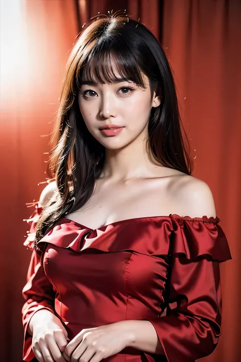 ((highest quality、8k、masterpiece:1.3))、Realistic, Sharp focus, High resolution, High resolution,Portraiture, one person、Japanese、woman, beautiful woman, (((Crimson off-shoulder　 dress)))、30 years old, plump, Medium Long Hair,smile、Geometric background