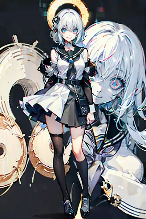 Doughnut themed anime girl with short white hair smiling at you with evil eyes, full body shot, horror