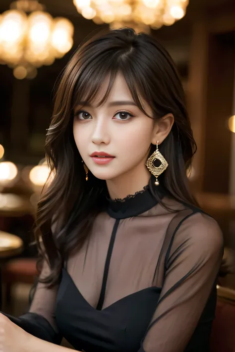 masterpiece, highest quality, Realistic, Very detailed, Finer details, High resolution, 8k wallpaper, One beautiful woman, Wear an elegant black see-through blouse, In a great restaurant, At night, Light brown shaggy haircut, Perfect dynamic composition, B...